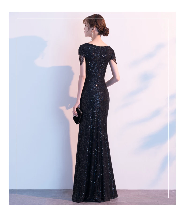 Черный блесток Длинное Элегантное платье без рукавов для девочек; vestidos de fiesta de noche Выпускные вечерние платья robe de soiree с v-образным вырезом