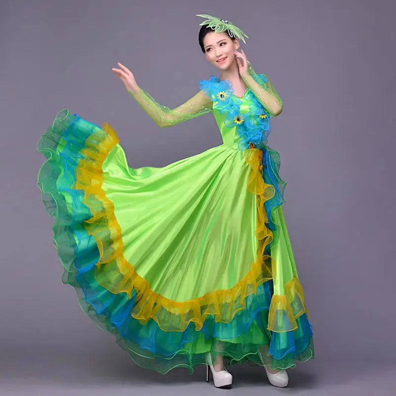 New Lad Full-skirted Dress The Opening Dance Modern Dance Full-skirted Dress Spain Bullfighting Dance Skirt Long Sleeve Costumes - Цвет: Green 540 degrees