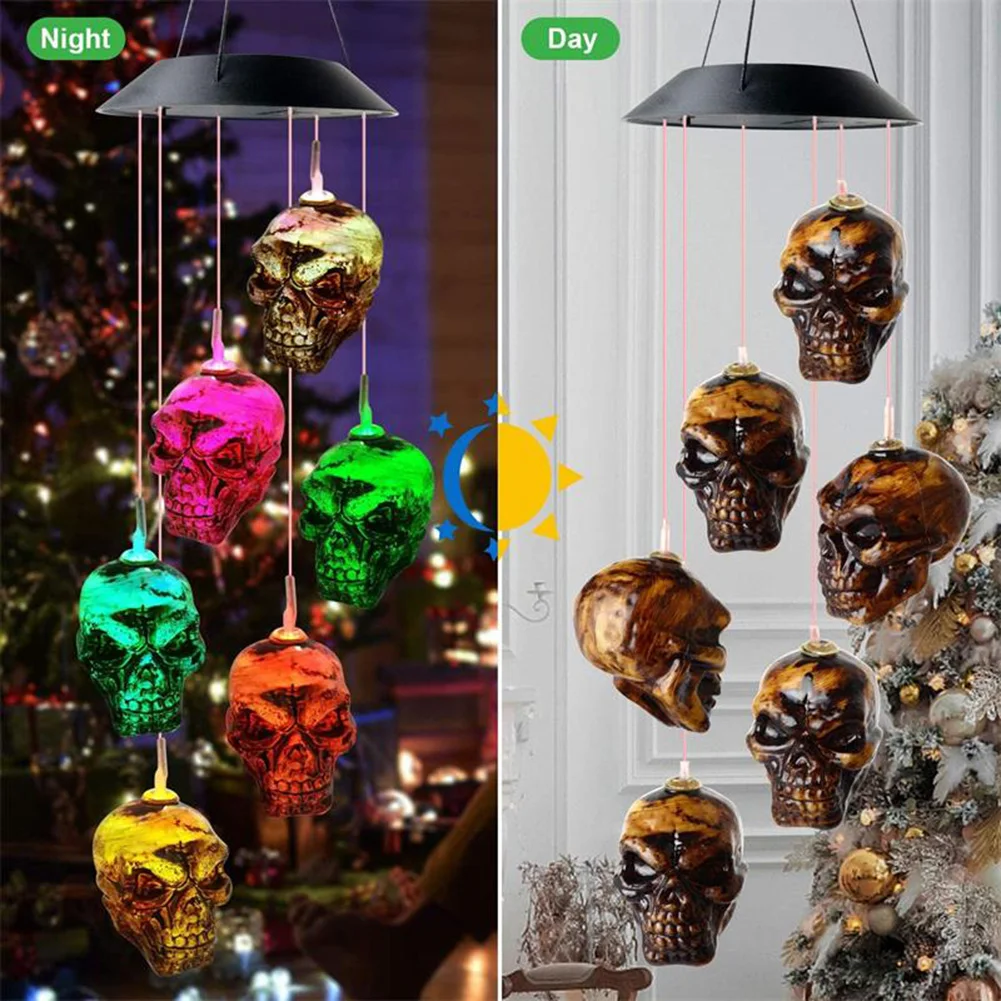 Solar LED Color Changing Lamp Skull Wind Chime Light Halloween Garden Decor Solar LED Color Changing Lamp Skull Wind Chime Light Halloween Garden Decor