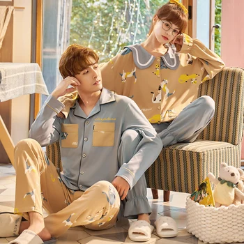 

Autumn New Style Cotton Couple Pajamas Korean Cardigan Lapel Comfortable Two-piece Home Service Suit for Men Sleepwear