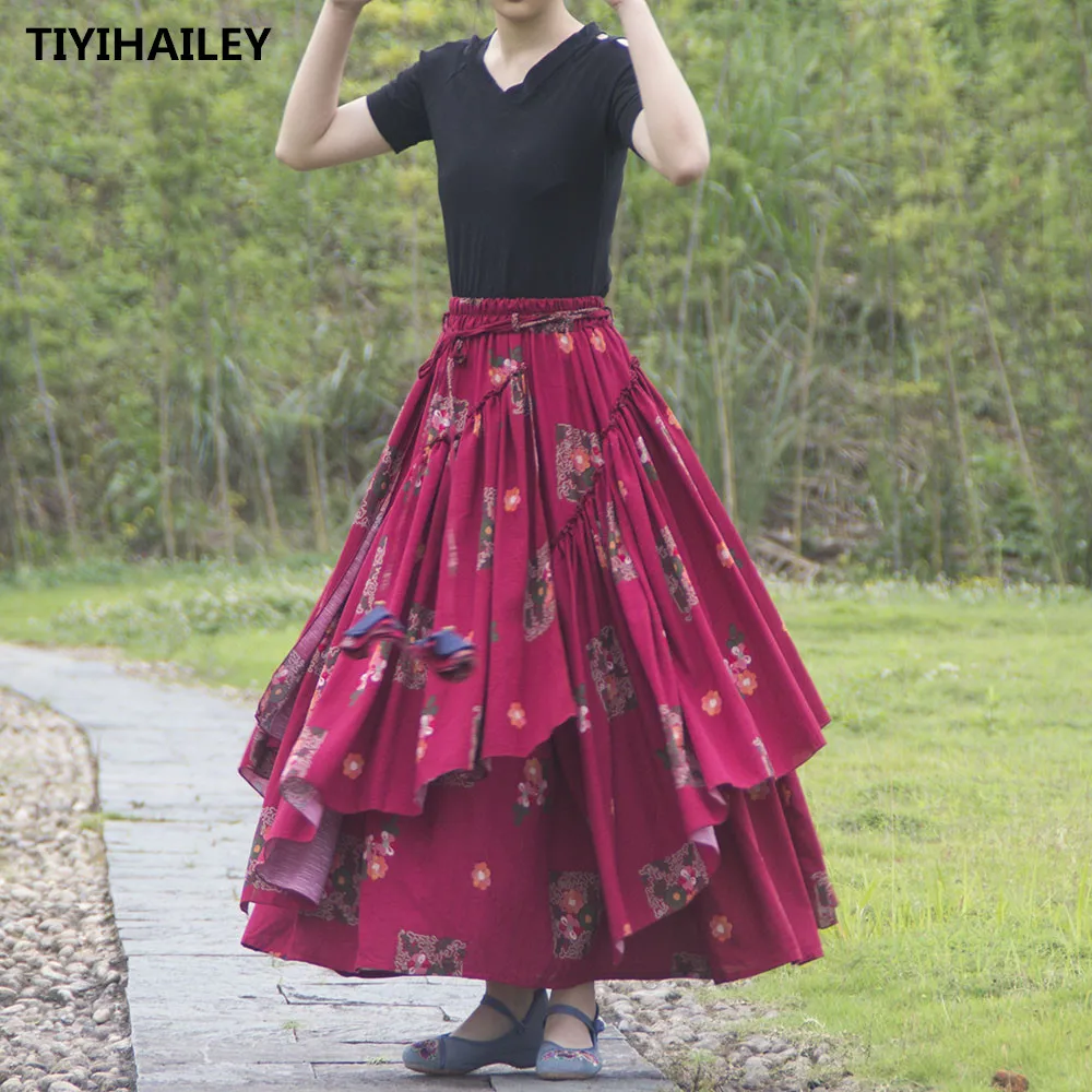 TIYIHAILEY 2020 Free Shipping Long Maxi A-line Elastic Waist Women Summer Cotton Linen S-2XL Flower Wine Red Print Thin Skirts women zaful cable knit openwork crop sweater m red wine