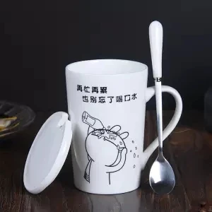 Креативная керамическая чашка с крышкой с ложкой, кофейная чашка, чашка для воды с крышкой, чайная чашка, чашка для молока, Студенческая кружка, стакан, чашка из нержавеющей стали - Цвет: 400ML