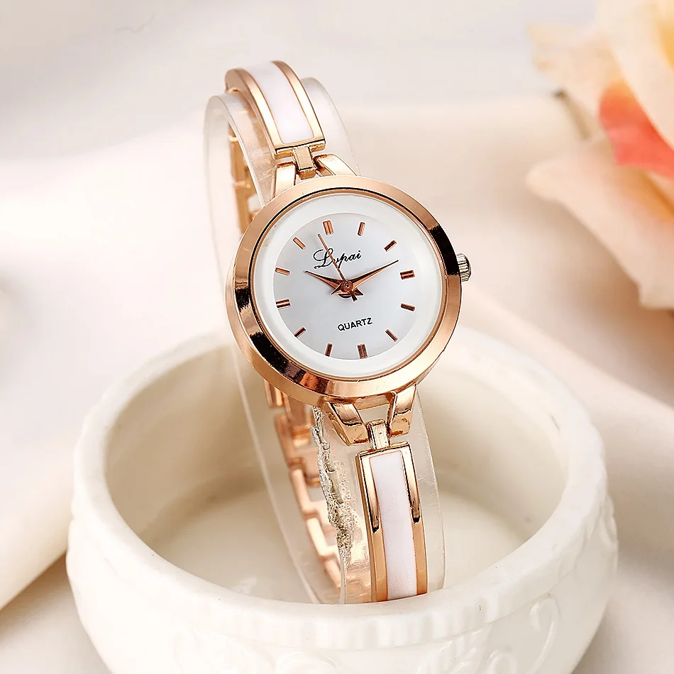 Женские Роскошные наручные часы с браслетом из розового золота и серебра простые