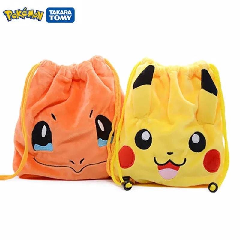 

20cm Pokemon Plush toys Drawstring Bags pikachu Charmander Bulbasaur Squirtle Anime figure Plush backpack kids Christmas gift