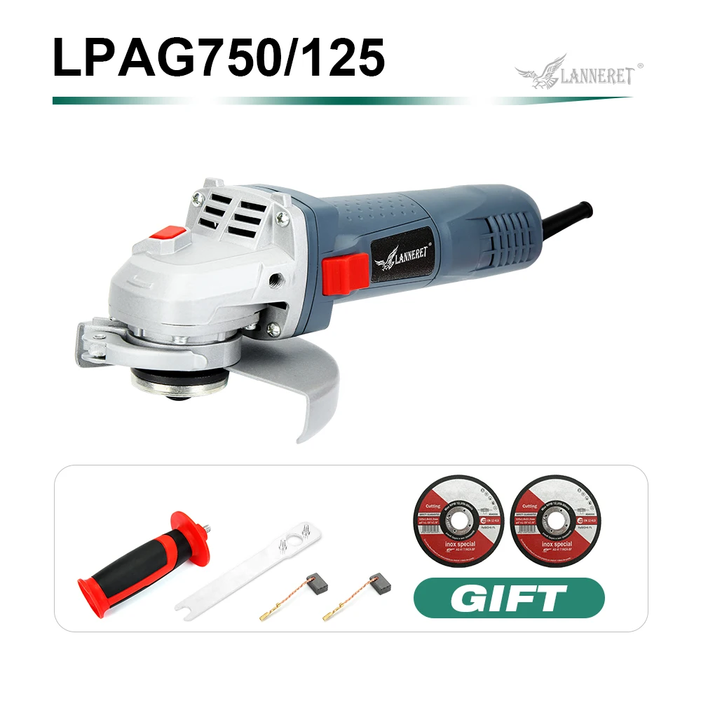 Grey 750W LANNERET 750 Вт электрическая угловая шлифовальная машина 125 мм дисковая боковая защита без инструментов для резки шлифовки металла или камня - Цвет: Grey 750W
