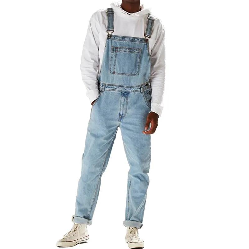 MORUANCLE Fashion Men's Hi Street Denim Bib Overalls Streetwear Jeans Jumpsuits For Man Washed Suspender Pants Size Washed Blue - Цвет: Синий