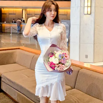 

2020 Summer V-Neck Women Sexy Cloth Lace Top Bodycon Fishtail Skirt Irregular Two Piece White Party Suit Dress