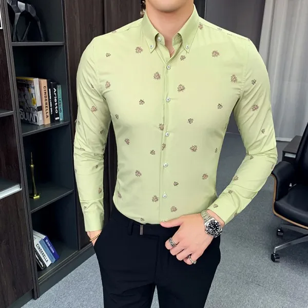Высококачественная Нежная мужская рубашка, Мужская Осенняя Новая модная рубашка с принтом, мужские рубашки с длинным рукавом, повседневная приталенная рубашка-смокинг, официальная одежда - Цвет: Зеленый