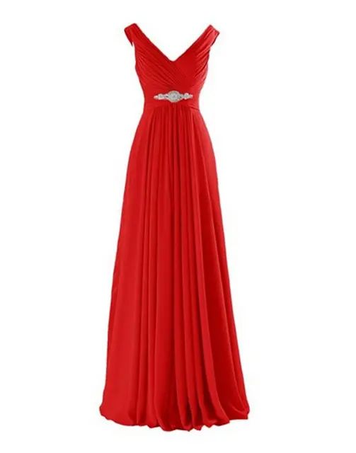 A Line Chiffon V Neck Crystals Eegant Off-Shoulder Formal Prom Wedding Party Bridesmaid Dresses Robe De Soiree Zipper Back Red