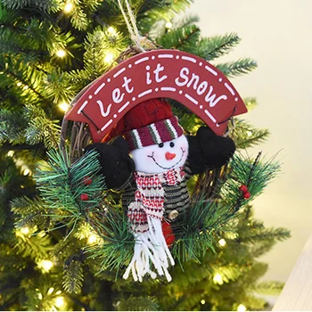 

20cm Christmas Wreath for Front Door Hang Garland with Santa Claus Snowman Ornaments Natural Rattan Wreath Holiday Door Hanger -