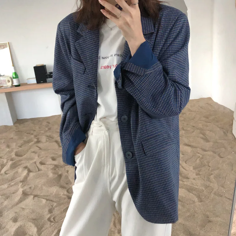 Autumn Vintage Blue Check Sense of Design Small Suit Slit Loose-Fit Leisure Suit Coat Tops WOMEN'S Dress