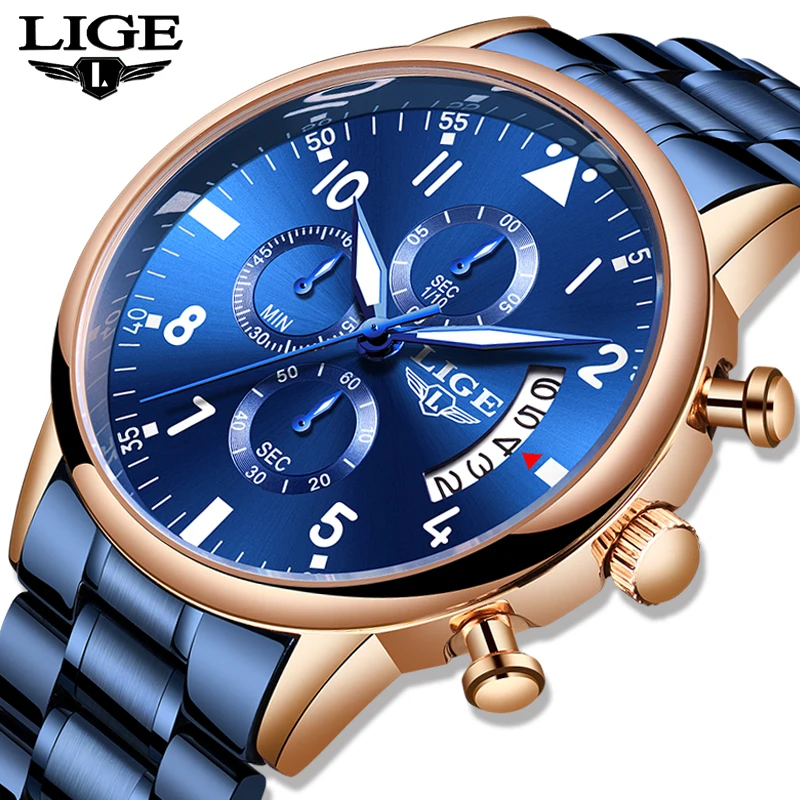 

LIGE Watches Mens Fashion Sport Wristwatch with Waterproof Chronograph Luminous hands Clock Male Watch Blue Stainless Steel Band