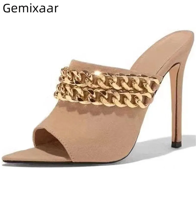 

Pumk Metal Chain Slippers Women Peep Toe Slim Cover Party Slides Solid Color High Stiletto Heel Large Size Women Slippers 35-43
