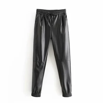 

Spring 2020 new high waist elastic waist pocket elastic closing pants Pu imitation leather jogging pants 07102231800