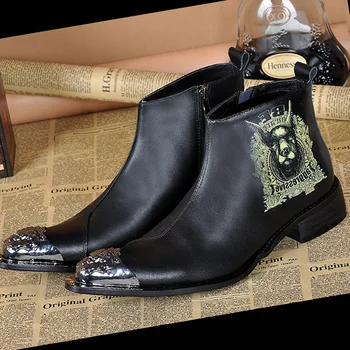 

Trendy Men's Cowhide Genuine Cow Leather Iron Cowboy Short Boots Dog Head Trendy Bota Pointed Toe Ankle Full Grain Leather Zip