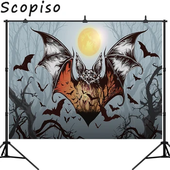 

Scopiso Foggy Forest Bats Trees Grassland Bright Moon Horror Night Festival Party Wallpaper Halloween studio backdrops Props