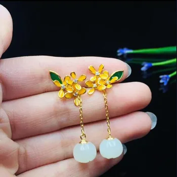 

Real 925 Sterling Silver Nature Hetian White Jade Many Yellow Flowers Bloom Long Chain Stud Earring For Women Charms Jewelry