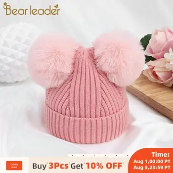 

Bear Learder Hat Baby New Brand Winter Cap Knitted Wool Newborn Baby Girl Hats Plush Ball Cartoon Kids Hat Soft Warm Caps