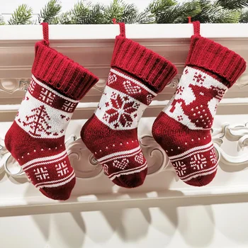 

Christmas Socks Gift Bags Knitted Red White Snowflake Knitted Socks Xmas Tree Decorations Christmas Tree Pendants