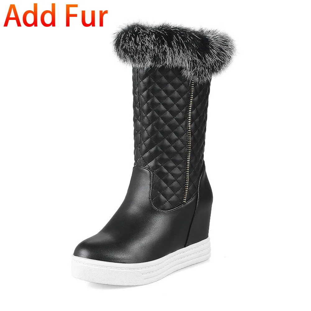 black add fur DORATASIA/Большие размеры 34-43, женские зимние сапоги, увеличивающие рост г. Женские теплые меховые сапоги до середины икры на платформе женская обувь - Цвет: black add fur