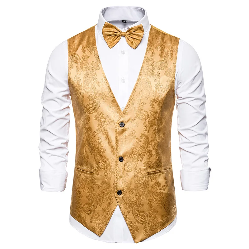 Luxury Paisley Floral Printed Men Vest Wedding Party Prom Stage Dress Vests for Men with Bow Tie Casual Slim Fit Mens Waistcoat casual blazer Suits & Blazer