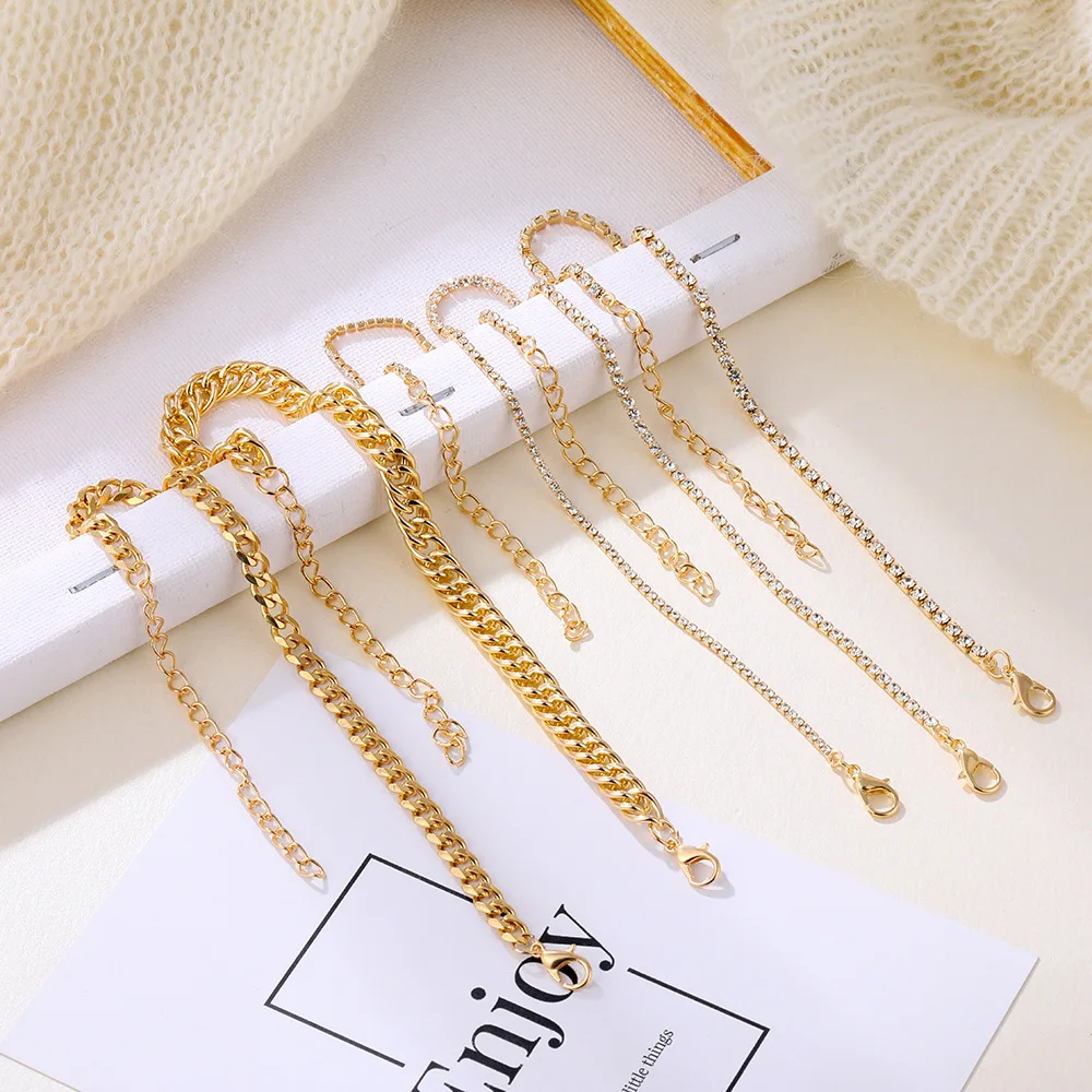 DIEZI 5pc/set Vintage Simple Link Chain Full Rhinestone Anklets For Women Girls Bohemian Leg Ankle Anklet Bracelet Beach Jewelry