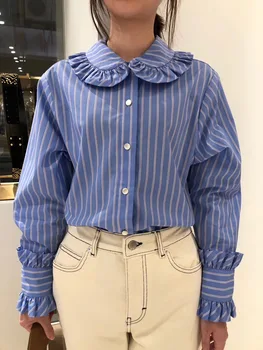 

Women Shirt 2020 Spring and Summer New Style Ruffled Doll Collar Retro Long Sleeve Women's Striped Shirt