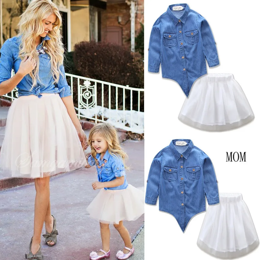 Комплект одежды из 2 предметов для мамы и дочки, джинсовая рубашка+ юбка одинаковые комплекты одежды для семьи модная одежда с длинными рукавами «Мама и я»