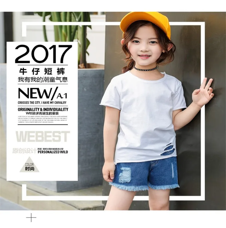 Girls' Denim Shorts with Holes Summer 5 GIRL'S 6-Style 8 Childrenswear 9 Big Boy 10 Korean-style 12-Year-Old Thin Shorts