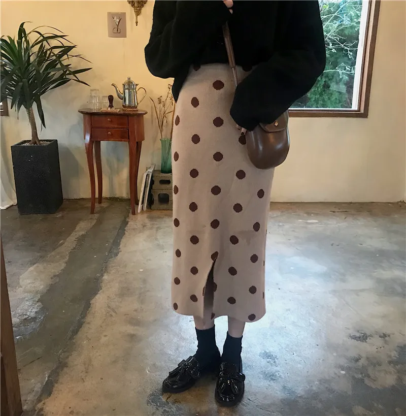 RUGOD Korean Style Dot Skirts High Elastic Waist Dot Split Skirts Knitted Stright Skirts Casual Lady Autumn And Winter