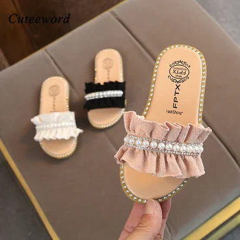 

Girls Slippers Kids Shoes 2020 Summer New Fashion Lace Pearl Leather Girl Sandals Soft Bottom Non-slip Flats Toddler Slippers