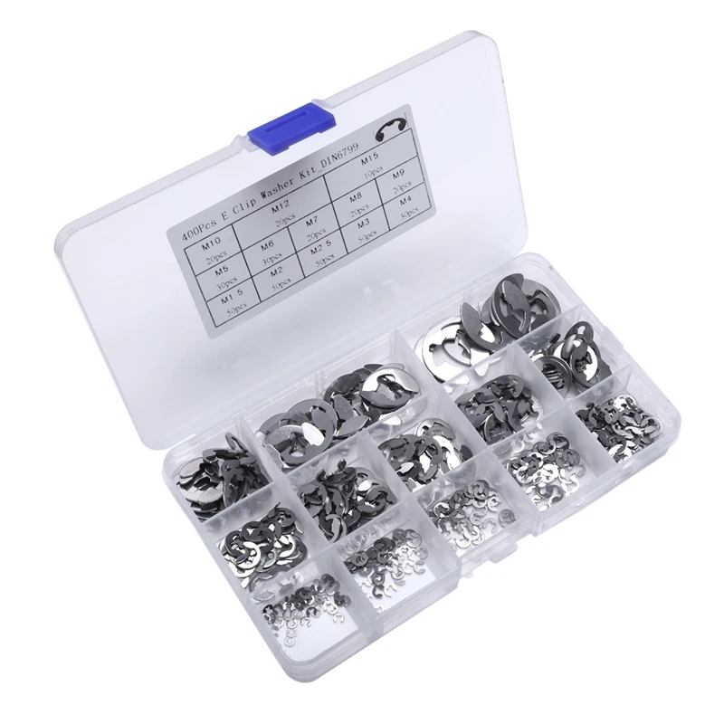 

400Pcs Washer Internal 13 Size Stainless Steel Circlip Rust Resistance E-Clip Assortment Kit Retaining Ring Set M1.5-M15 Opening