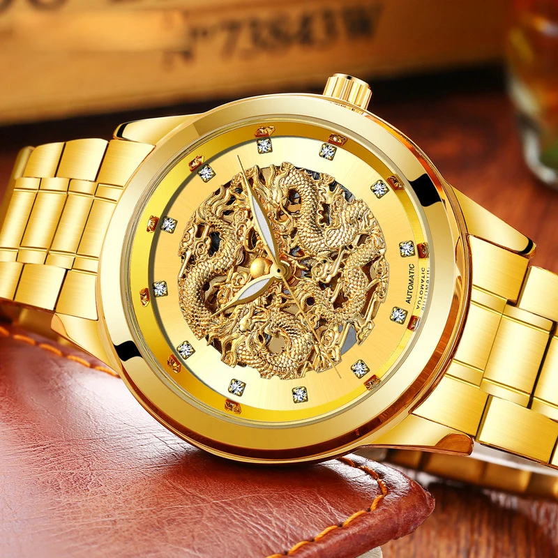 

Men Watch Hot Selling Diamond Dial Transparent Back Cover Steel Waterproof Gold Dragon Wristwatch Automatic Mechanical Watches