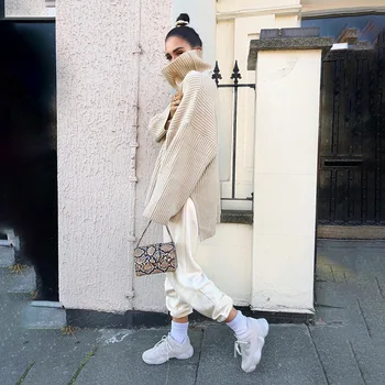 

Joskaa Turtleneck Sweater Women Loose Knitted Pullover Jumper 2019 Autumn Winter Streetwear Long Sleeve Solid Sweaters Long Top