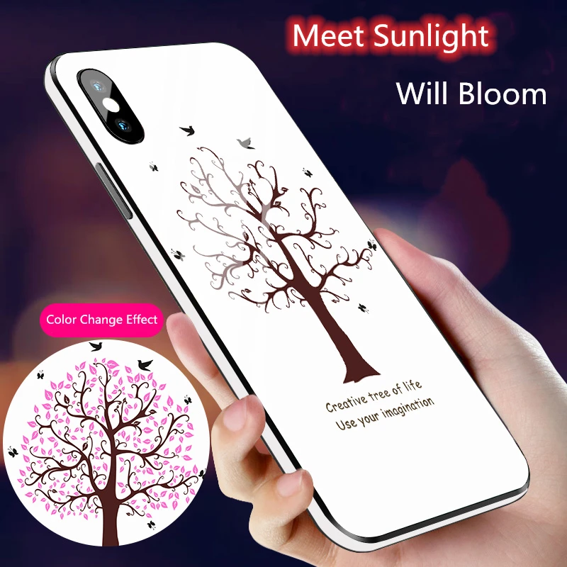 

Color Change Magic Flowers Girls Tree Phone Case For iphone x xs max xr 6 7 8 Plus Ultraviolet Discoloration Luminous Glass Case