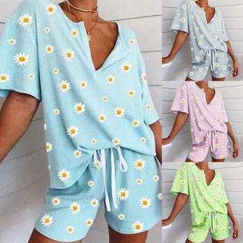 

Simple Sleepwear Pyjamas Women's Pajamas Flower Print Cotton Short Sleeve Ladies Pijama Sets Homewear Cute Cartoon Lounge Wear