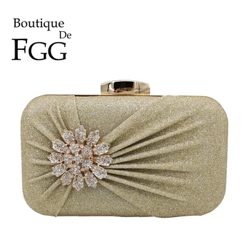 

Boutique De FGG Elegant Women Gold Glitter Evening Bags Rhinestones Flower Appliques Bridal Clutch Handags Wedding Party Purses