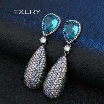 

FXLRY Hot Sale Luxury Full Mirco Paved multicolor AAA Zirconia big Drop Earrings For Women Party Jewelry
