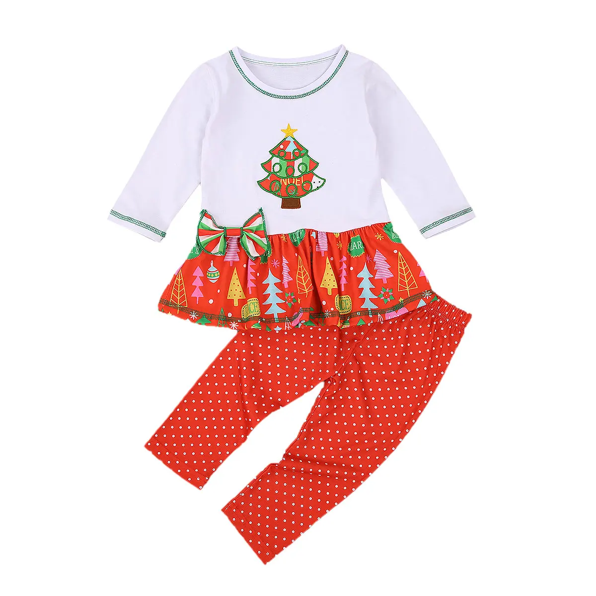

Toddler Baby Girls Christmas 2Pcs Suit Outfits Tree Print Round Neck Long Sleeve Patchwork Ruffle Top + Polka Dots Long Pant Set