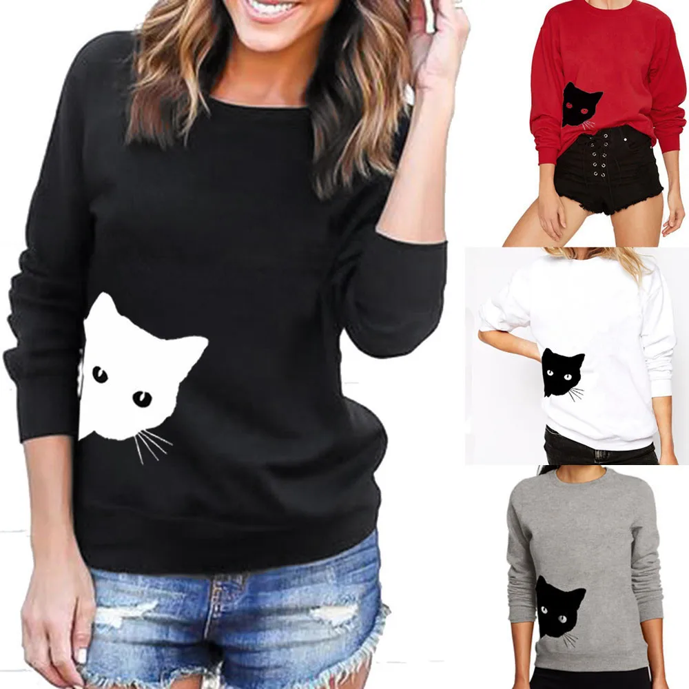 Women Winter Clothing Sweatshitrs Tops Unisex Men Casual Long Sleeve O-Neck Cat Printed Sweatshirt Pullover For Couples#58 |
