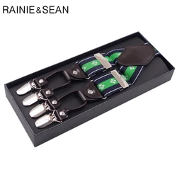 RAINIE SEAN Suspender Belt Men 6 Clips Green Mens Shoulder Strap For Pants Plus Size 125cm Leather Male Suspenders For Shirt