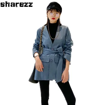 

Spring Autumn 2020 Pu Faux Leather Jacket Women New Loose Fit V-neck Motorcycle Pockets Fashion Biker Coat Female Tide