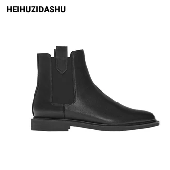 

Black round toe Chelsea boots women Elastic elastic ankle boots for women 2019 Autumn/Winter Fashion flat shoes women with plush