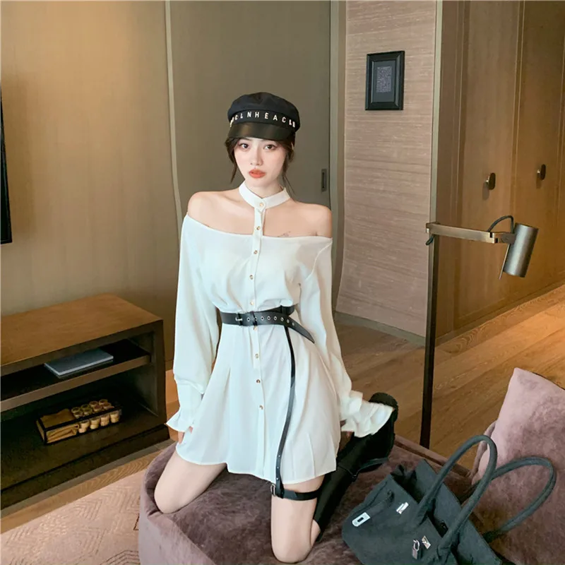 

Fashion Sexy Off Shoulder Halter Collar Flare Sleeve Shirt Dress Women Temperament Office Lady Single Breasted Belted Mini Part