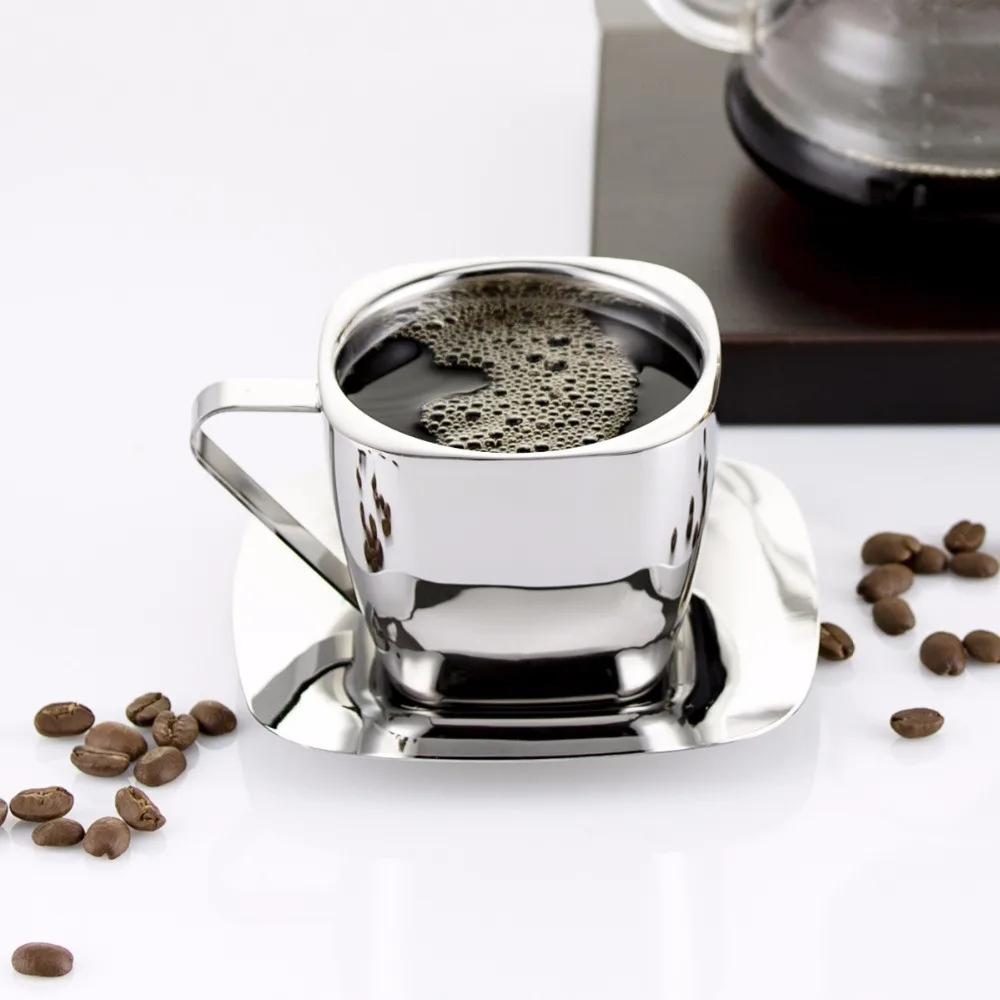 

Stainless steel coffee cup double-layer anti-hot hand insulation double square coffee cup set New