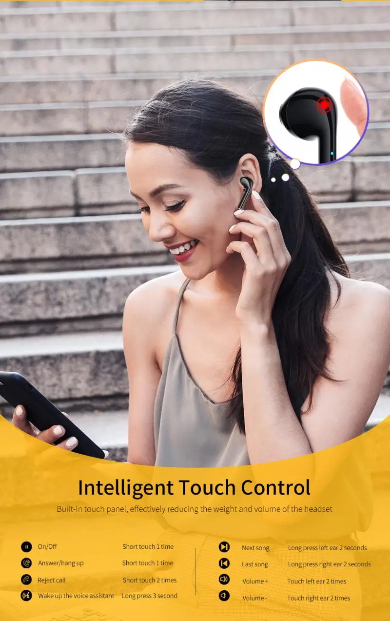Essager K6 TWS Wireless Bluetooth Earphone Intelligent Touch Control Wireless TWS Earphones With Stereo Bass Sound Smart Connect
