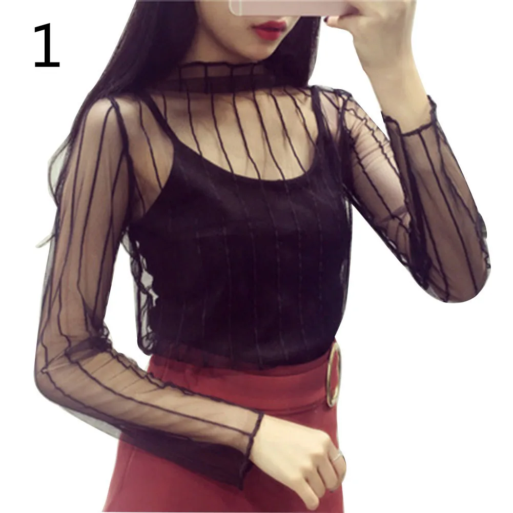 

Fashion Spring Autumn Women Sexy Mesh Blouses Long Sleeve High Neck Tops Perspective Ladies Girls Casual T Shirts Best S
