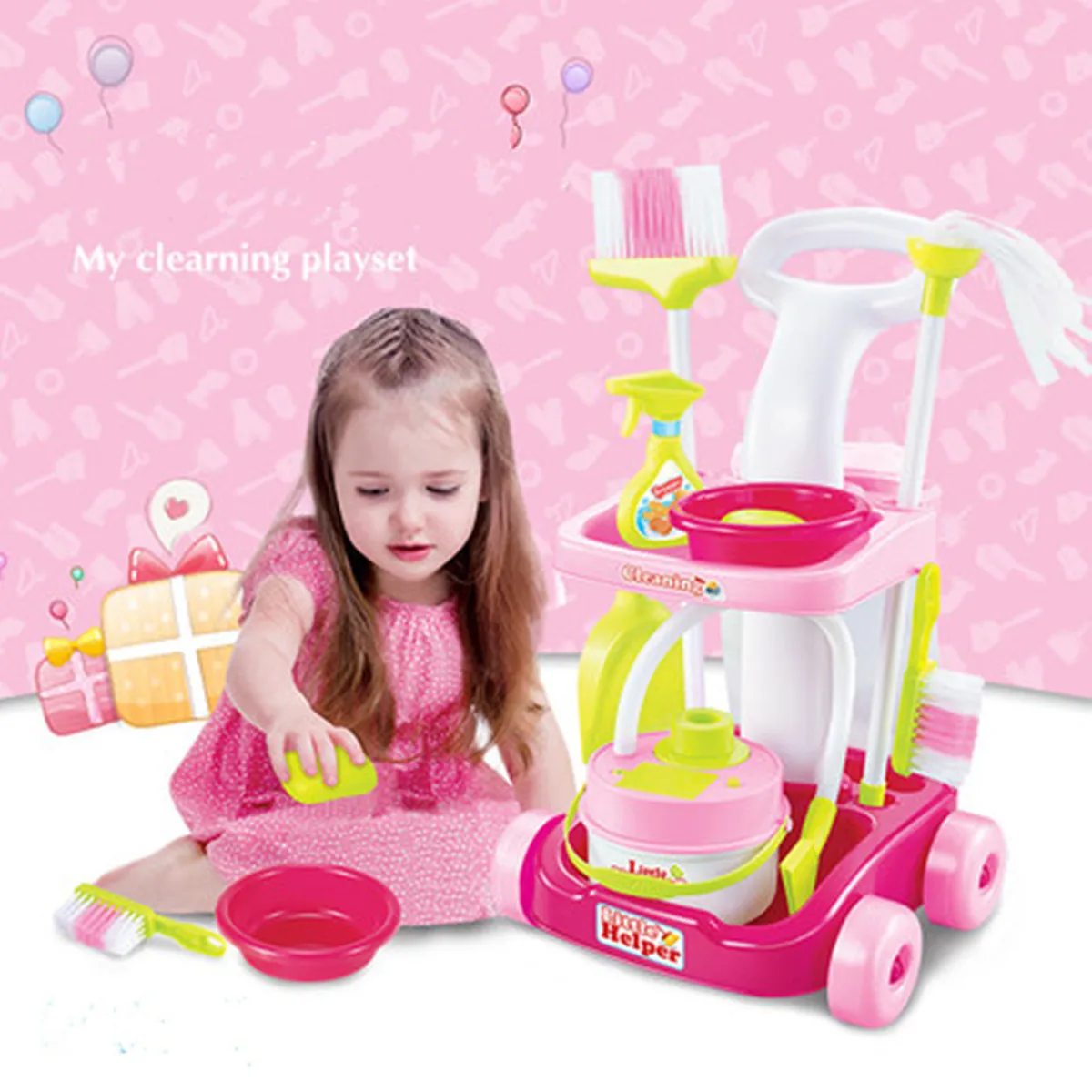 Детский набор для уборки на колесиках для малышей, пластиковая ролевая игрушка для детей старше 3 лет, 38x19x53 см