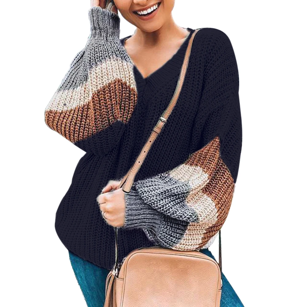 MoneRffi полосатый вязаный свитер с v-образным вырезом и лоскутным рукавом, женский свободный пуловер, осенние свитера и пуловеры, Модный женский свитер - Цвет: black
