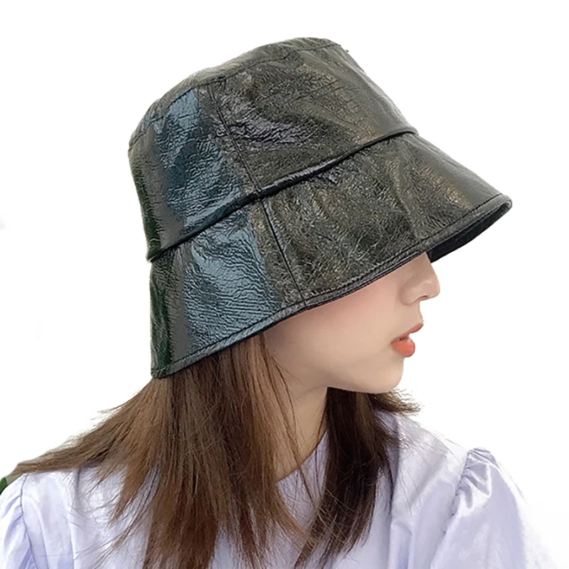 Black PU Leather Bucket Hat Women Men 2020 Winter Autumn Retro Warm Simple Fisherman Cap Sun Rain Waterproof Panama Basin |
